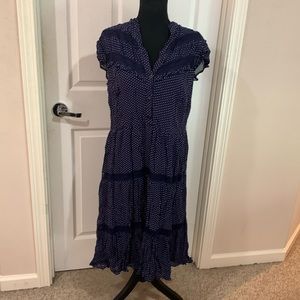 Vtg 80s 90s April Cornell Navy blue n white polka dot boho grunge cut out dress